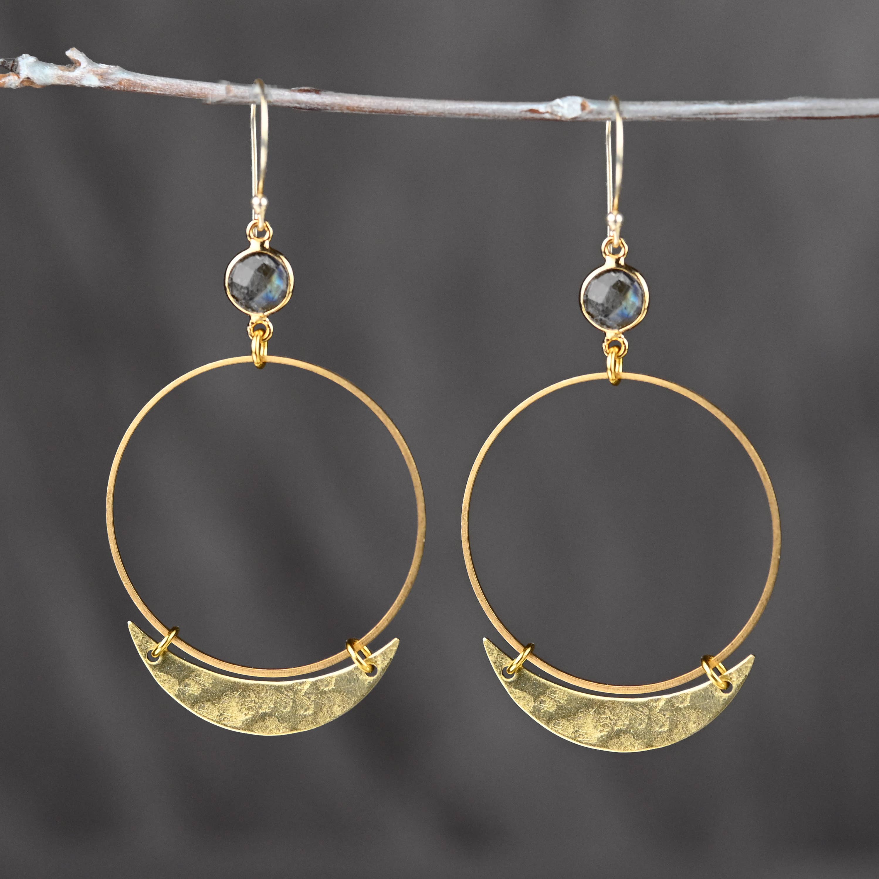 40mm Brass Hoop with Hammered Crescent & Labradorite Semi Precious Gemstone Earrings
