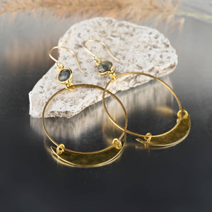 40mm Brass Hoop with Hammered Crescent & Labradorite Semi Precious Gemstone Earrings