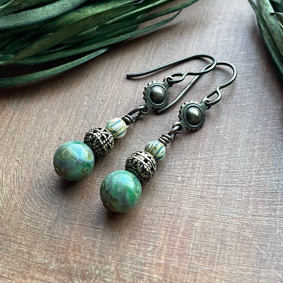 Bohemian Earrings - Filigree Bead & Turquoise