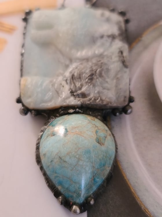 Carved Amazonite Bear with Blue Apatite Necklace