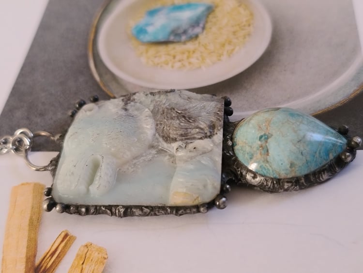 Carved Amazonite Bear with Blue Apatite Necklace