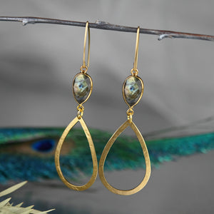 Hammered Brass Open Tear with Semi Precious Labradorite Gemstone Earrings