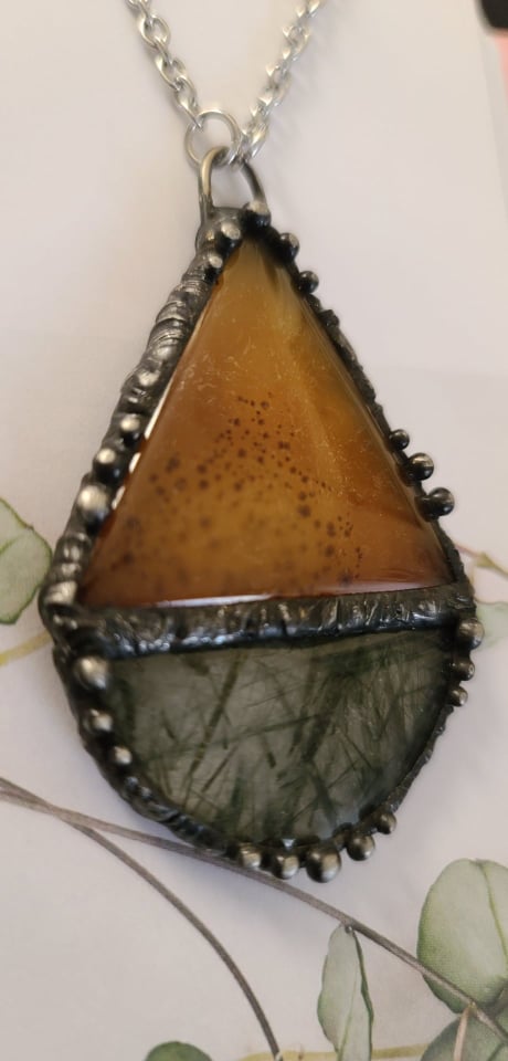 Triangle Moss Agate & Rutilated Quartz Necklace