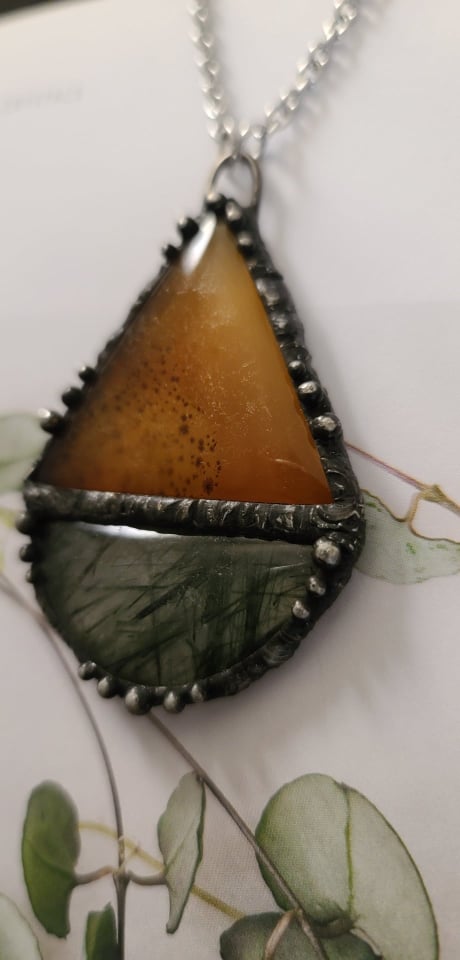 Triangle Moss Agate & Rutilated Quartz Necklace