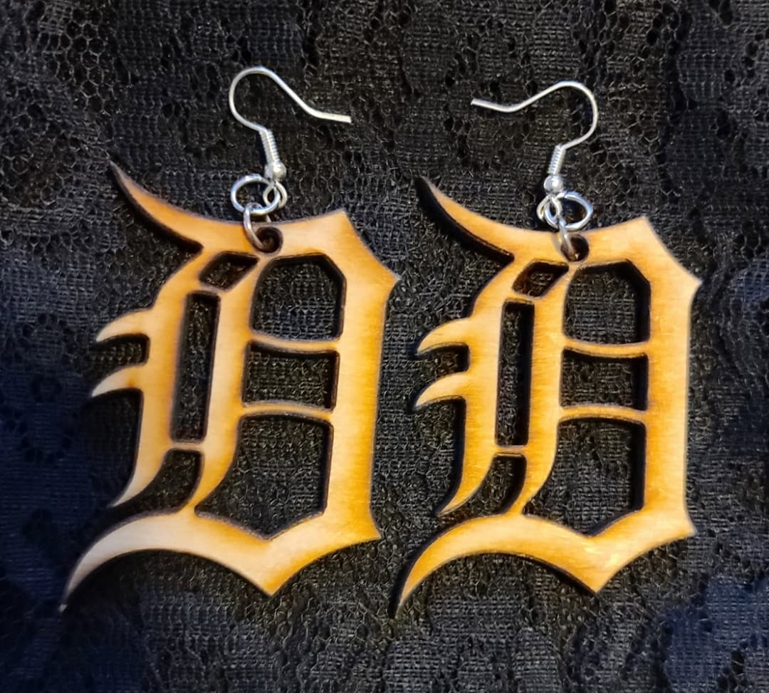 Large Detroit D Earrings in Wood