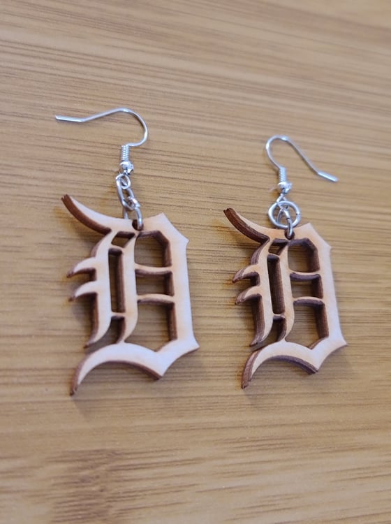 Small Detroit D Earrings in Wood