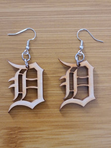 Small Detroit D Earrings in Wood