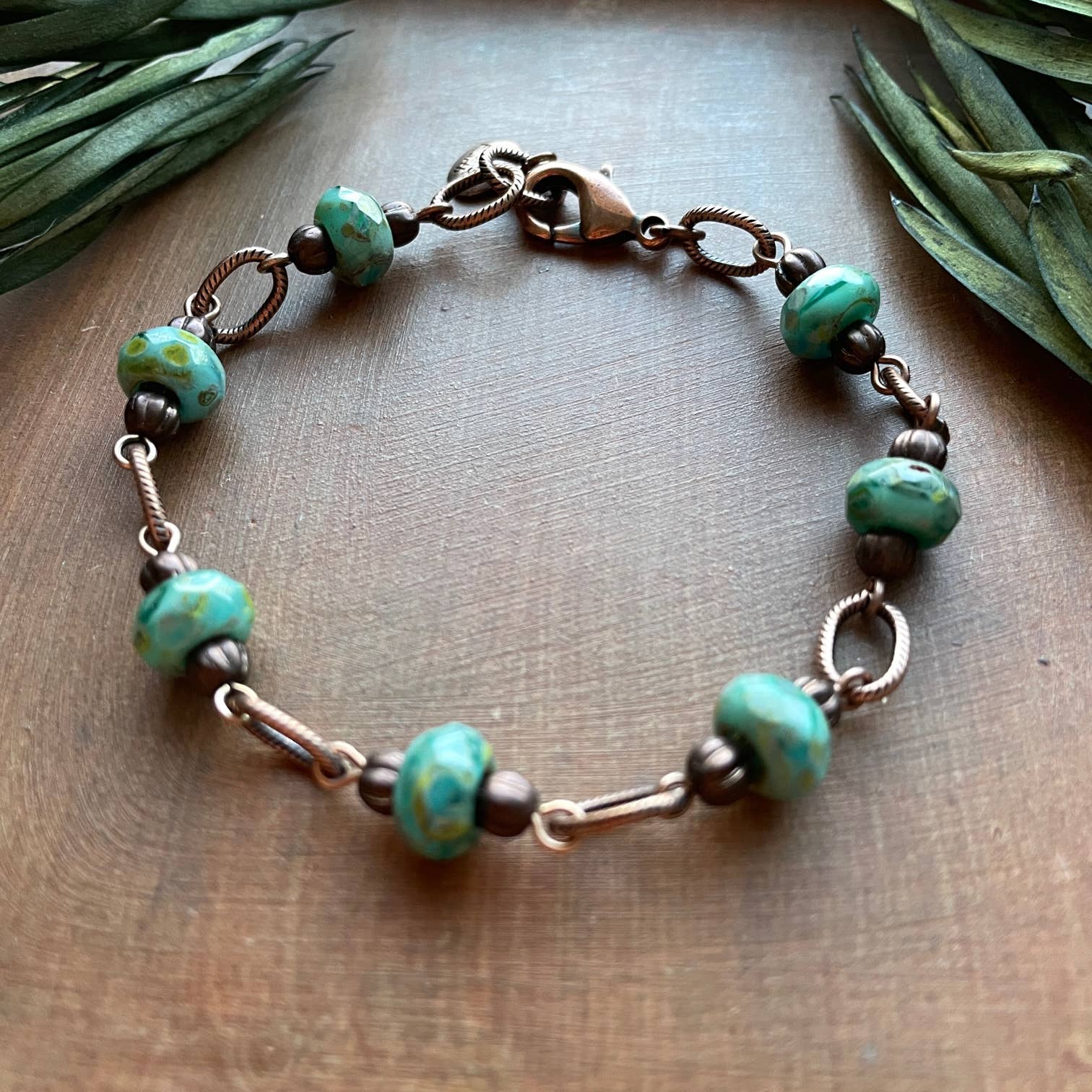 Turquoise Glass Copper Link Bracelet